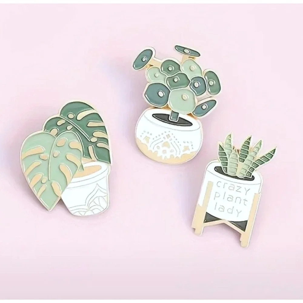 3 Piece Enamel Plant Pot Pins Brooch‎ Set Crazy Plant Lady Monstera Succulent